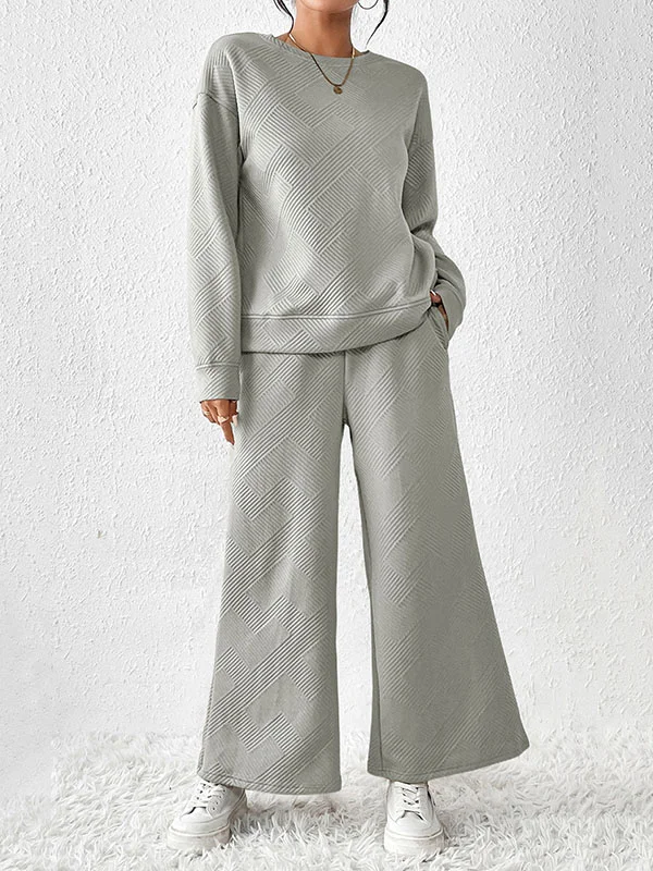 Solid Color Long Sleeves Loose Round-Neck Shirts Top + Drawstring Pants Bottom Two Pieces Set