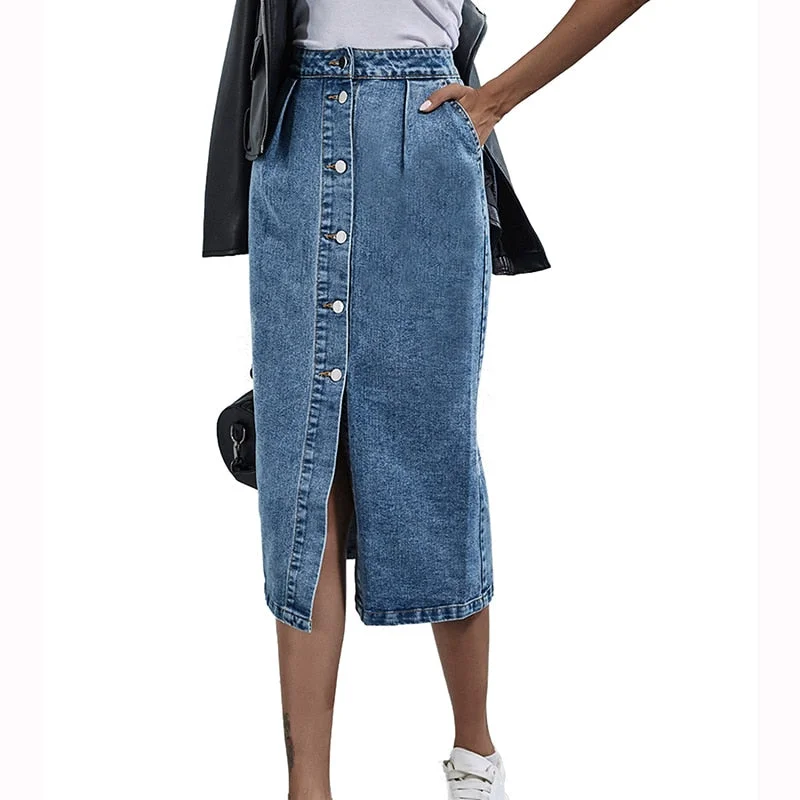 Benuynffy Single Breasted Knee Length Denim Skirt Women Streetwear Casual Pocket High Waist Straight Jeans Skirt New