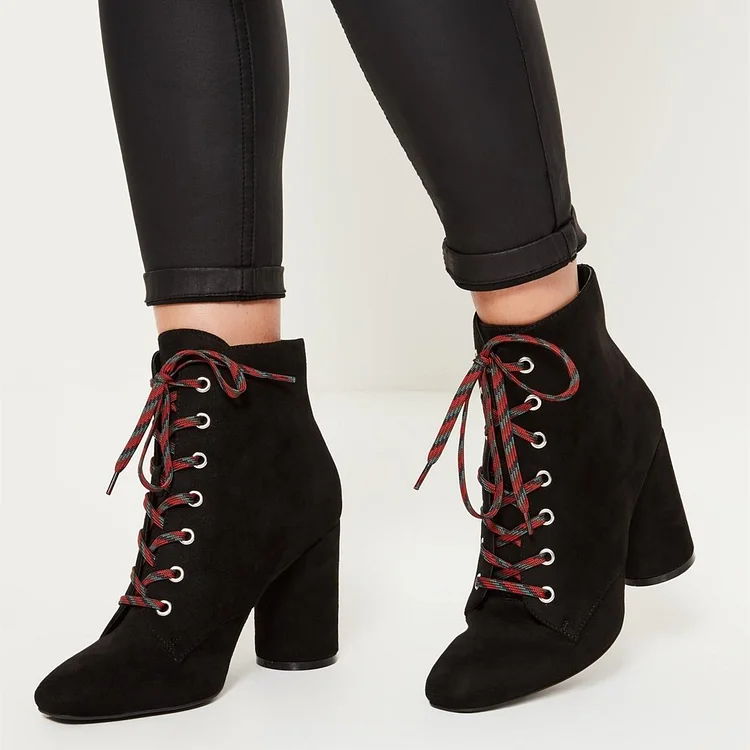 Black Square Toe Lace Up Boots Block Heel Ankle Boots |FSJ Shoes