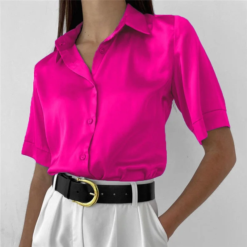 Short Sleeved Satin Shirt Women Summer 2022 Casual Loose Single-breasted Women Blouse Solid Elegant Shirts Top Office Lady 18917