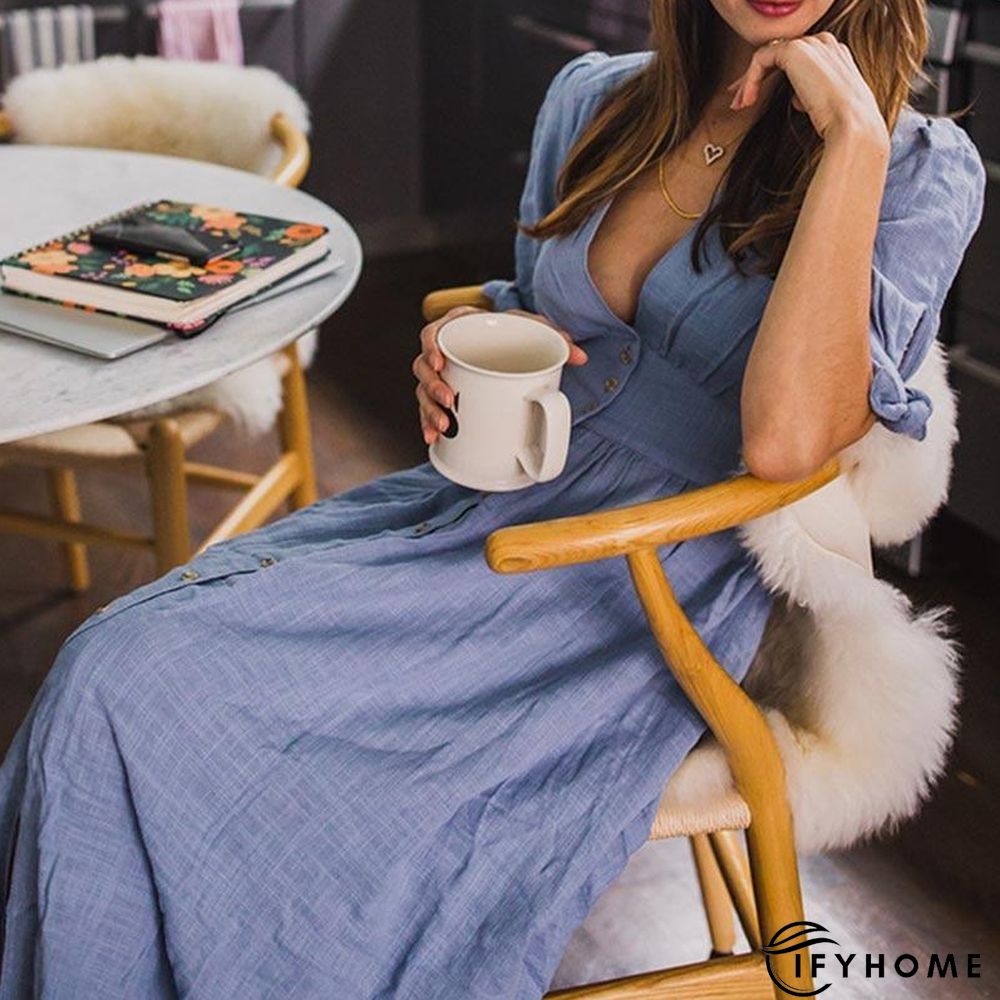 V neck plunge women dress Side slit button up summer dress Fashion bohemian dress midi vestidos mujer | IFYHOME