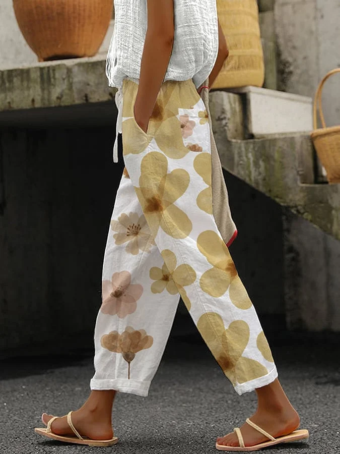 Vintage Floral Print Lace-Up Loose Casual Pants