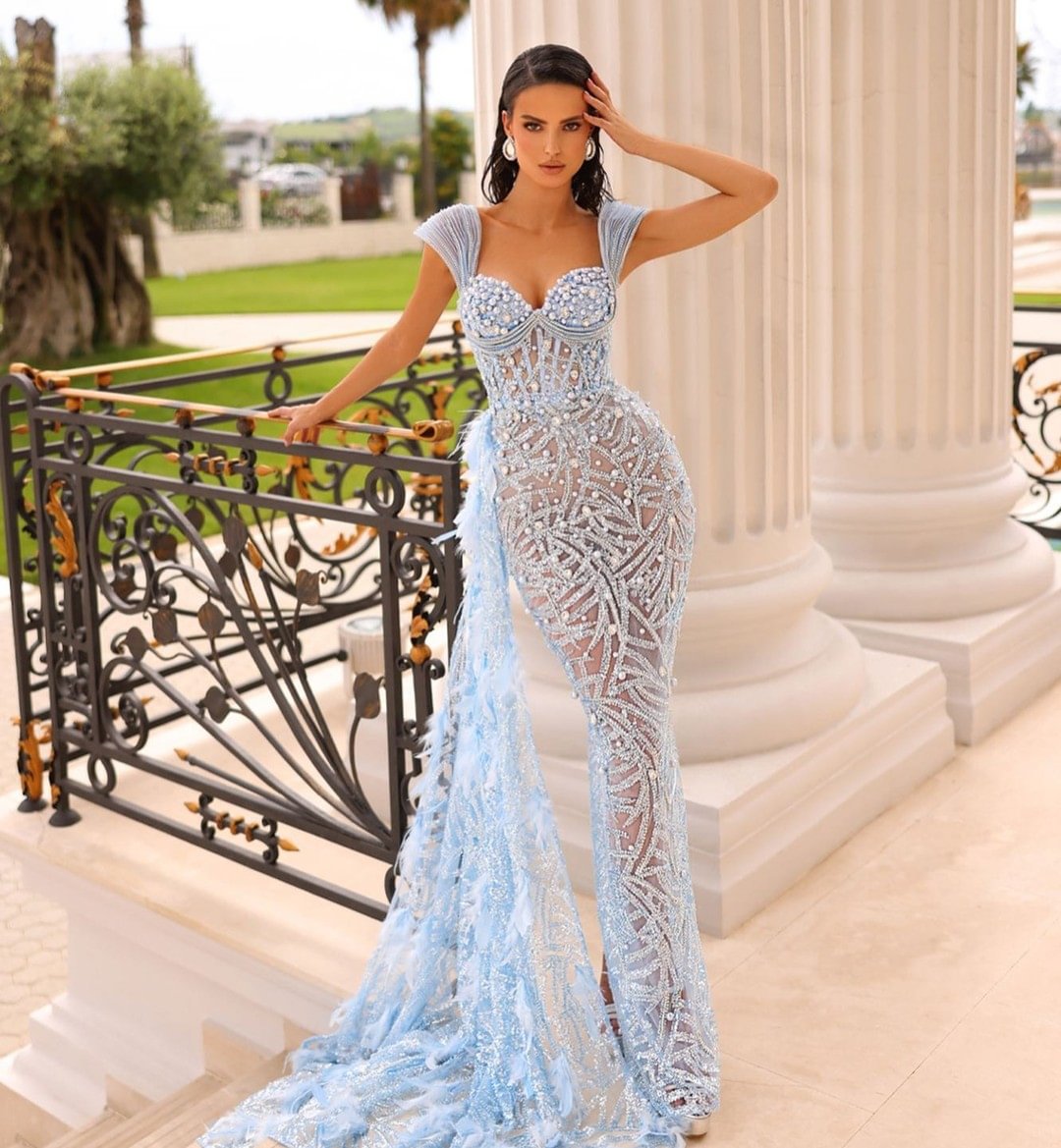 Daisda Stunning Baby Blue Pearl Sleeveless Mermaid Feather Prom Dress Gown