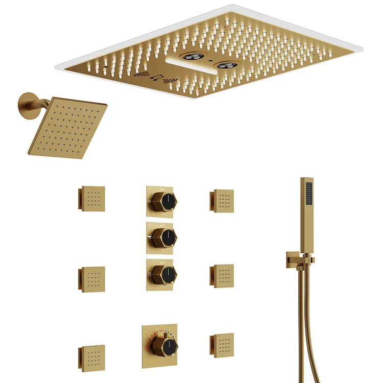EVERSTEIN 16" LED Music Smart Thermostatic Shower System in Brushed Gold