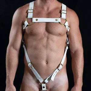 pornhint Pornhint white leather harness and Cock ring straps with golden gear