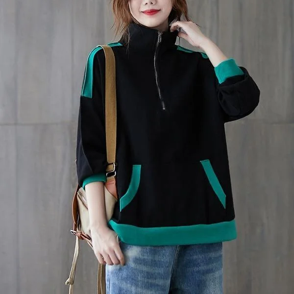 Winter Simple Style Vintage Turtleneck Loose Female Cotton Pullovers Hoodies