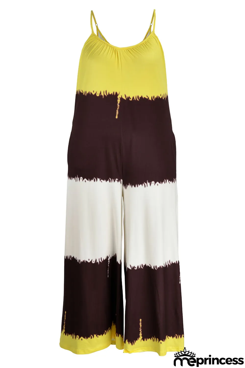 Yellow Casual Print Patchwork Spaghetti Strap Plus Size Jumpsuits