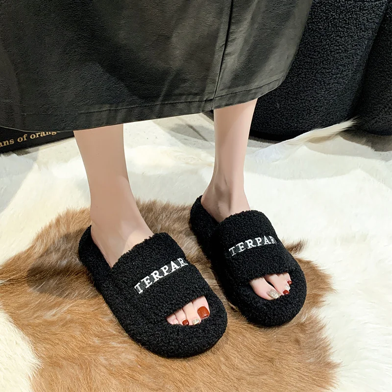 Yyvonne Hair Slippers Women Wear Casual Home Thick Spring And Autumn Embroidered Plush Slippers To Keep Warm High Sense
