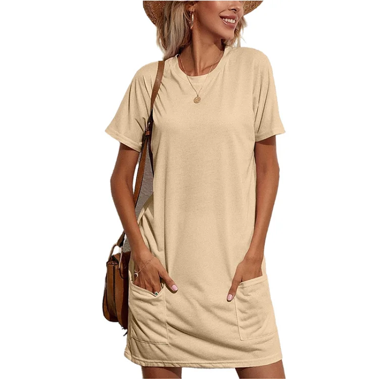 Fashion Crew Neck Short Sleeve Casual Loose Pocket Dress