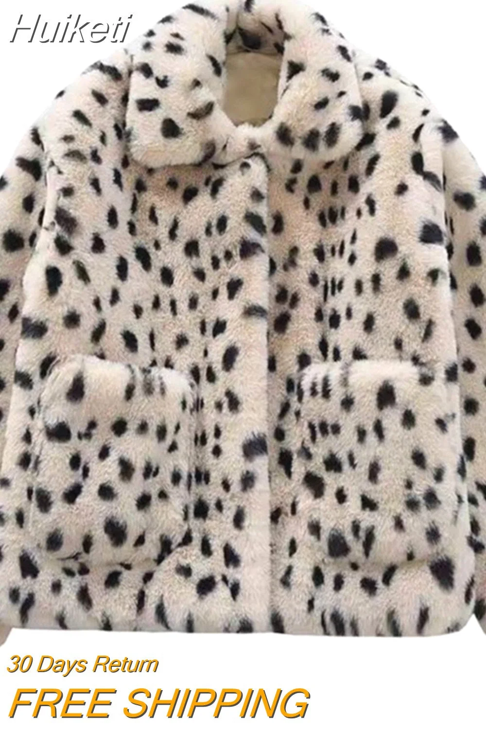 Huiketi Winter Leopard Furry Coats Women Loose Warm Faux Fur Ladies Short Jacket Turn Down Collar Plush Korean Fashion Clothes New