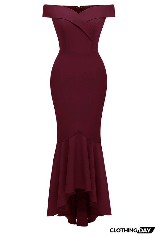 Dark Navy Off-the-shoulder Ruffled Prom Dress