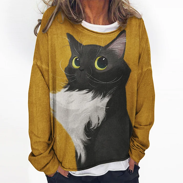 Vefave Round Neck Cute Cat Print Long Sleeve Sweatshirt
