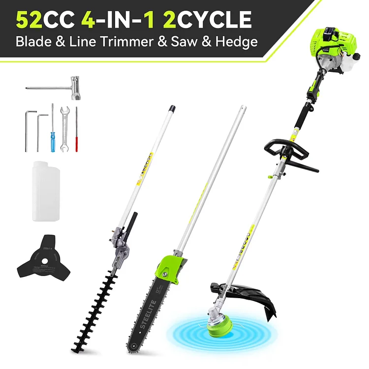 Steelite 52cc 4 in 1 Gas Powered Weed Wacker, 2-Stroke Multi-Functional Grass String Trimmer with Hedge Trimmer, Cordless Brush Cutter, Pole Saw for Tree Trimming,Weed Eater for Patio & Lawn