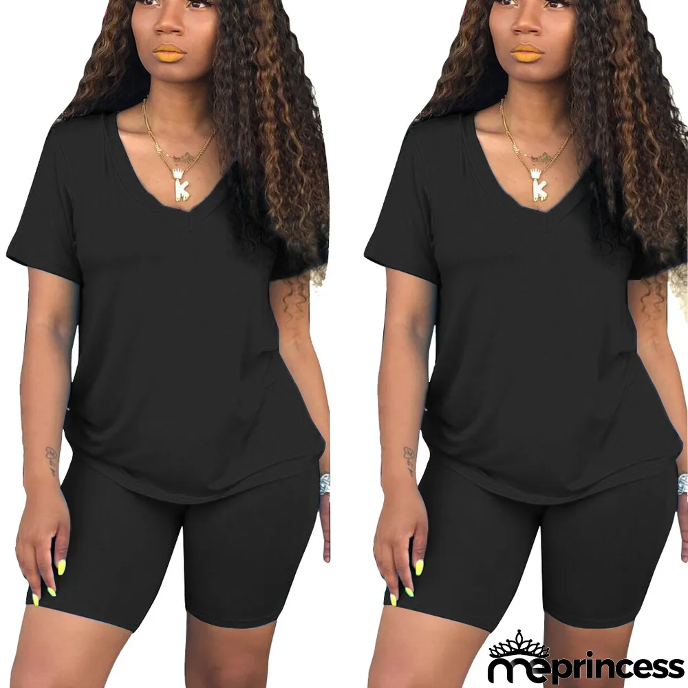 Plus Size Solid V Neck T Shirt And Shorts 2 Piece Sets