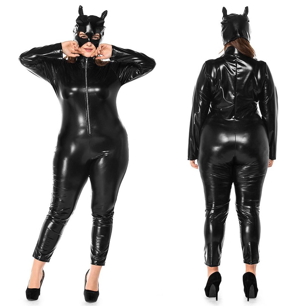 Catwoman Costume Halloween Uniform Black Catsuit PU Leather Bodysuit-Pajamasbuy