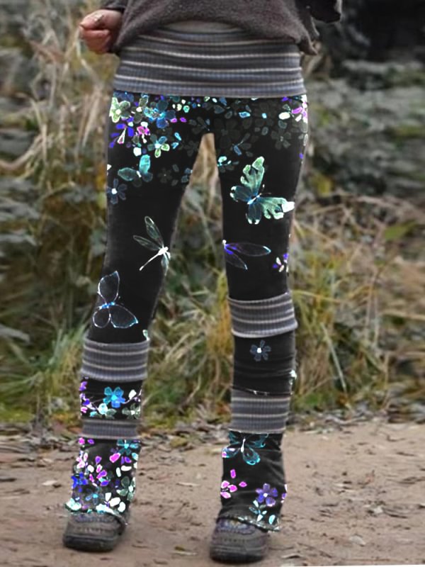 Casual vintage printed panel leggings