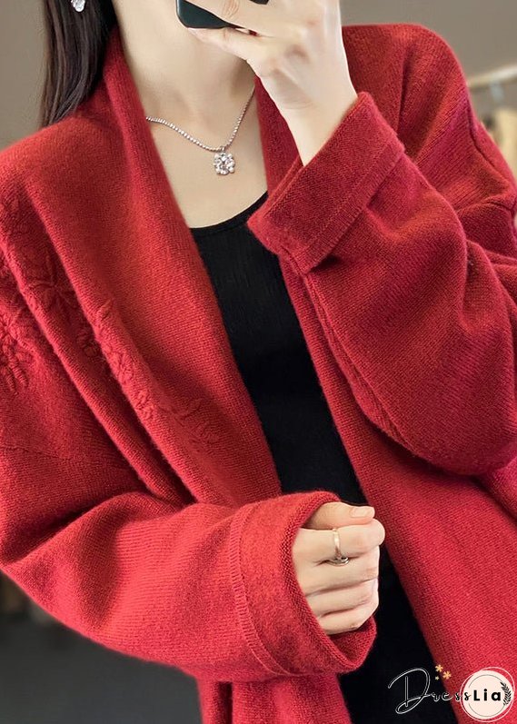 Loose Red V Neck Embroideried Cashmere Cardigan Top Fall