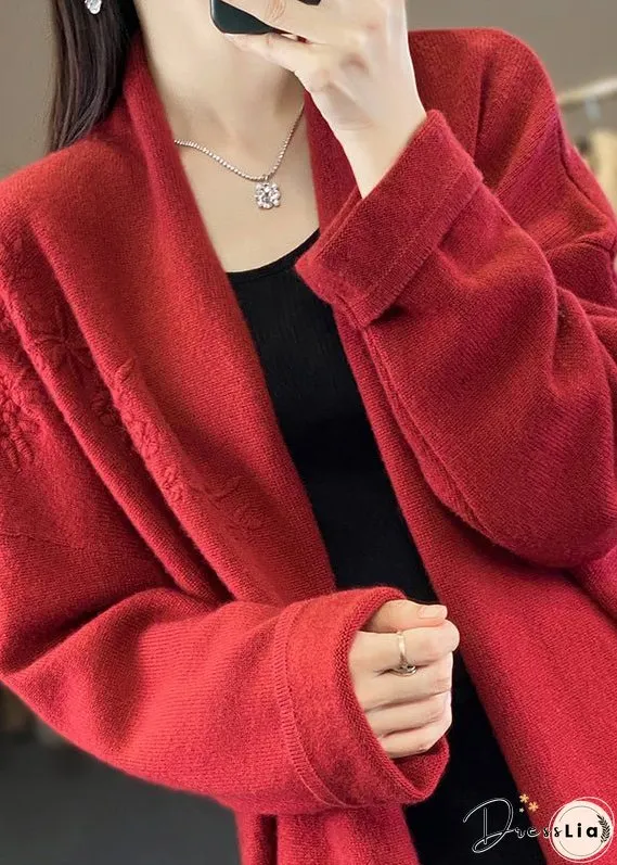 Loose Red V Neck Embroideried Cashmere Cardigan Top Fall