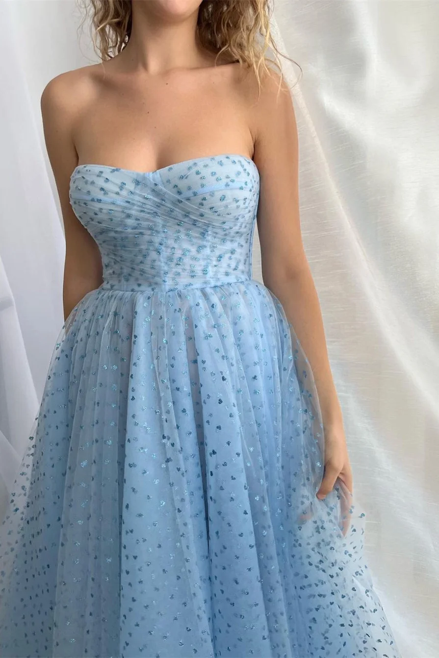 Daisda Baby Blue Tulle A-Line Prom Dress Split Long With Detachable Sleeves