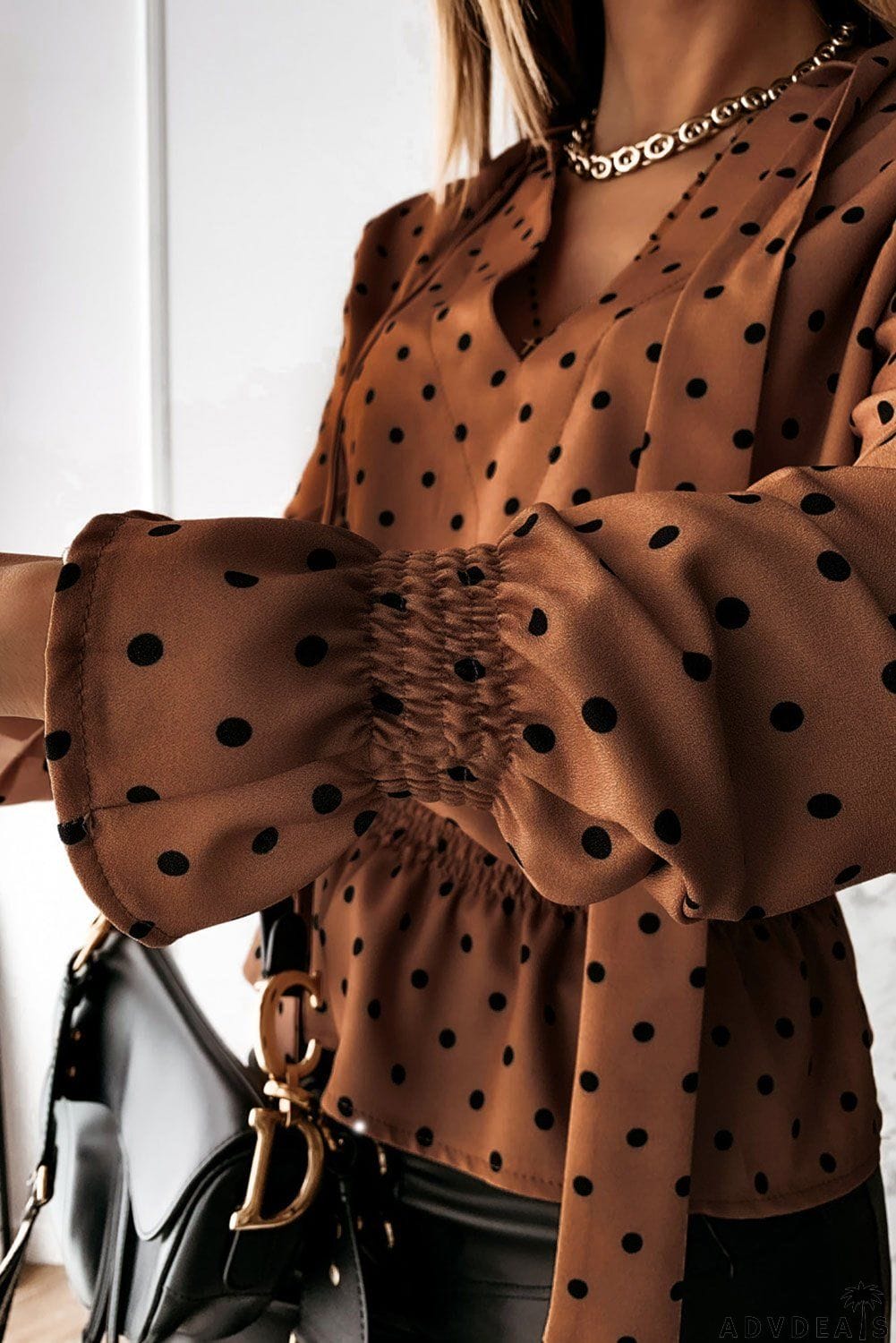 Elegant Khaki V Neck Tie Polka Dot Ruffled Blouse