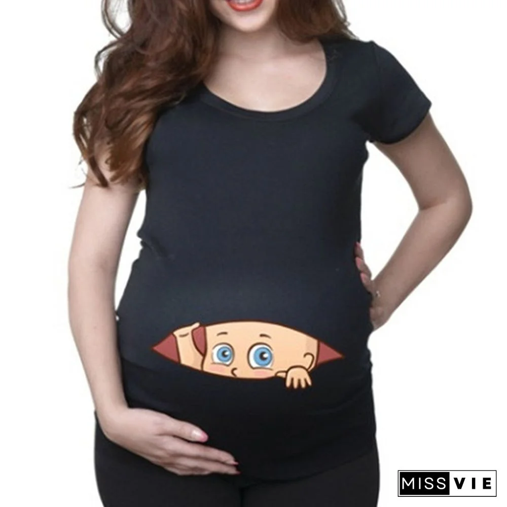New Women's Baby Cartoon Printed Short Sleeve Maternity Pregnancy T-shirt Tops