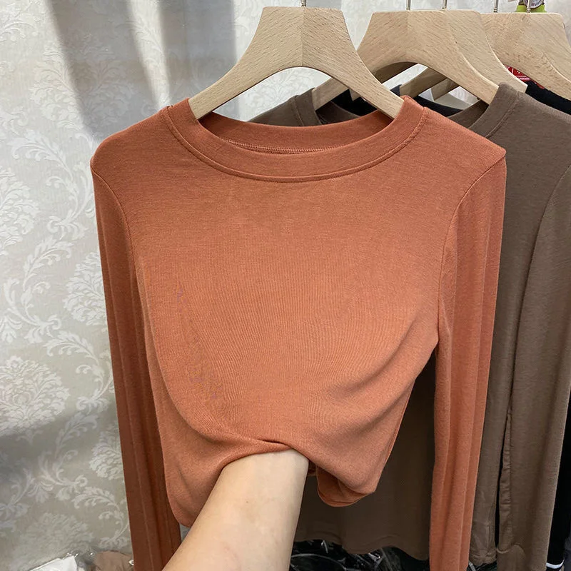 Zingj Zingj Quality Cotton Round Neck Long Sleeve T-Shirt Women's Slim Slim 2024 New Pure Color Korean Pure Cotton Bottom Shirt Women