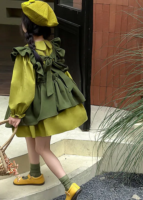 Casual Green Peter Pan Collar Ruffled Kids Long Waistcoat And Mid DressTwo Pieces Set Long Sleeve