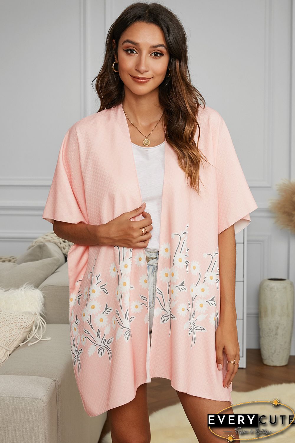 Pink Spring Daisy Woven Kimono