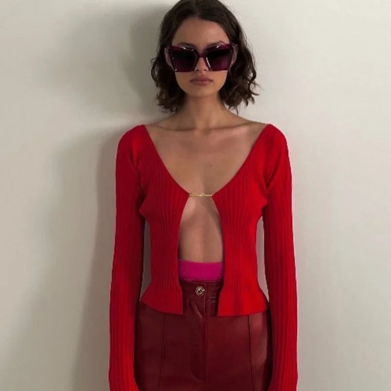 2021 Fashion Knit Tops Blouses Women Long Sleeve Metal Chain Open Front Slim Crop Tops Autumn Sexy Elegant Blouse Shirts Female