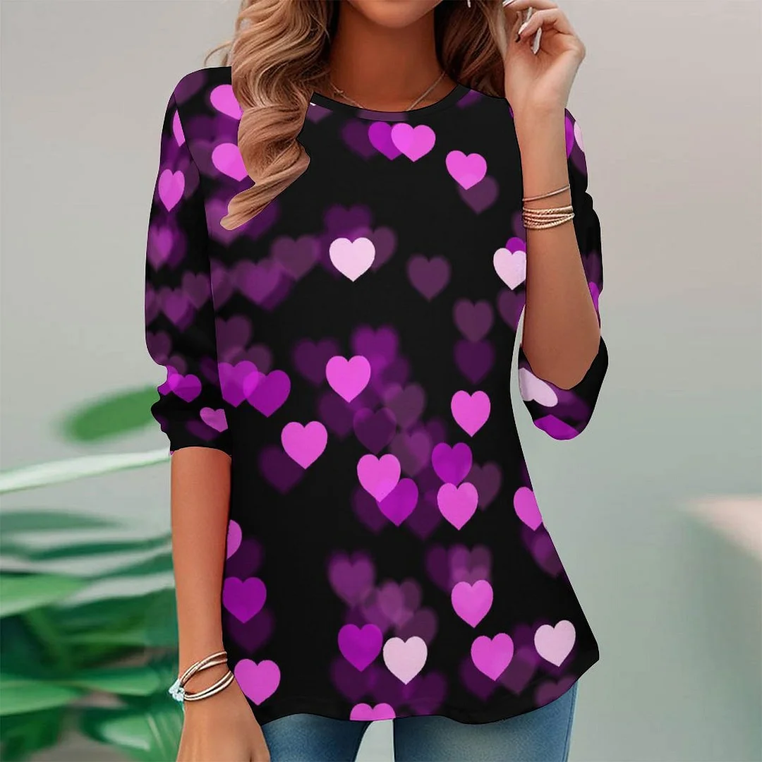 Women plus size clothing Full Printed Long Sleeve Plus Size Tunic for  Women Pattern Heart,Pink,Black,Purple-Nordswear