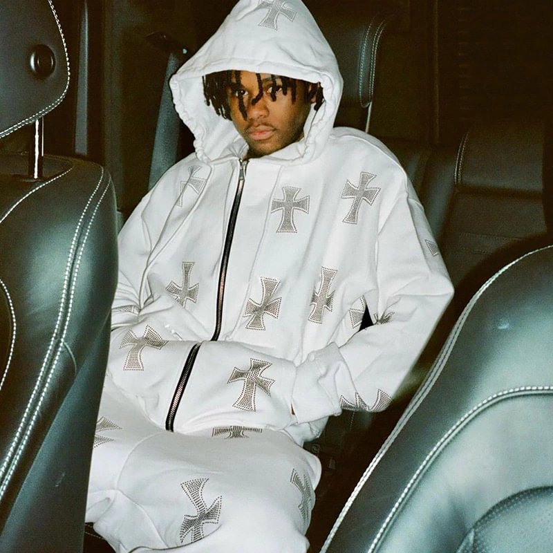 Hip Hop Punk Rhinestone Zip Up Hoodie Coat for Men-VESSFUL