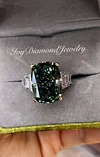 Dark Green Paraiba Tourmaline Ring For Women, Cushion Cut Radiant Cut Elongated Three Stones Baguette Side Stones Ring Gifts For Her
