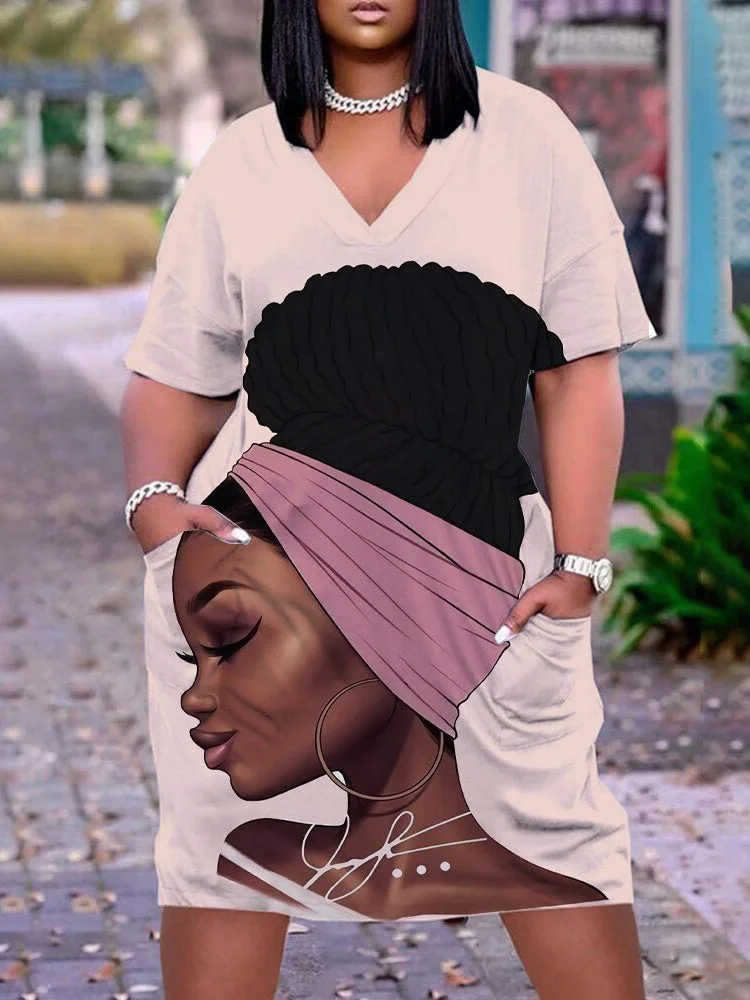 Digital Print V-Neck Casual Pocket Dress