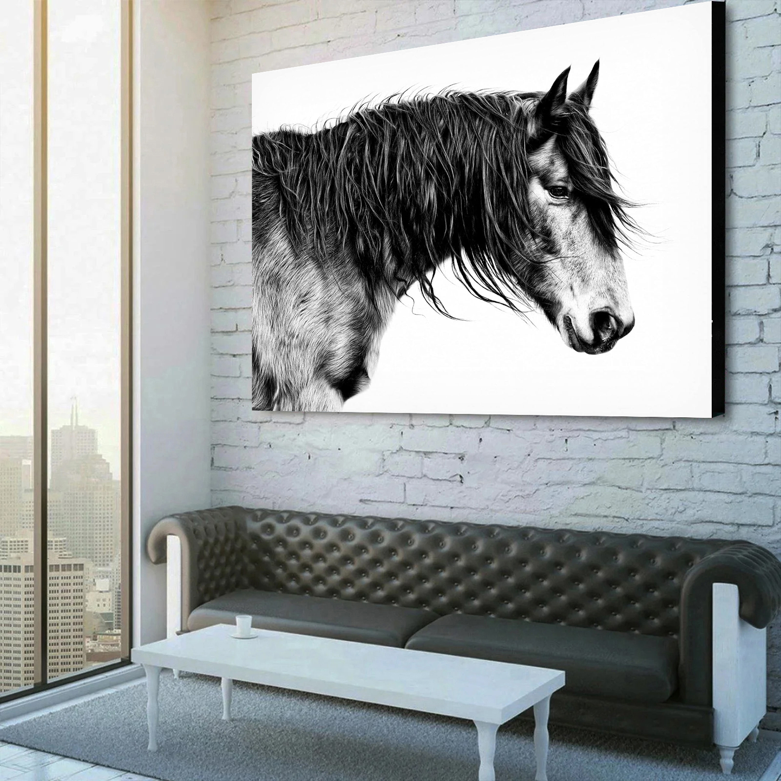 Black and White Horse Portrait Canvas Wall Art 