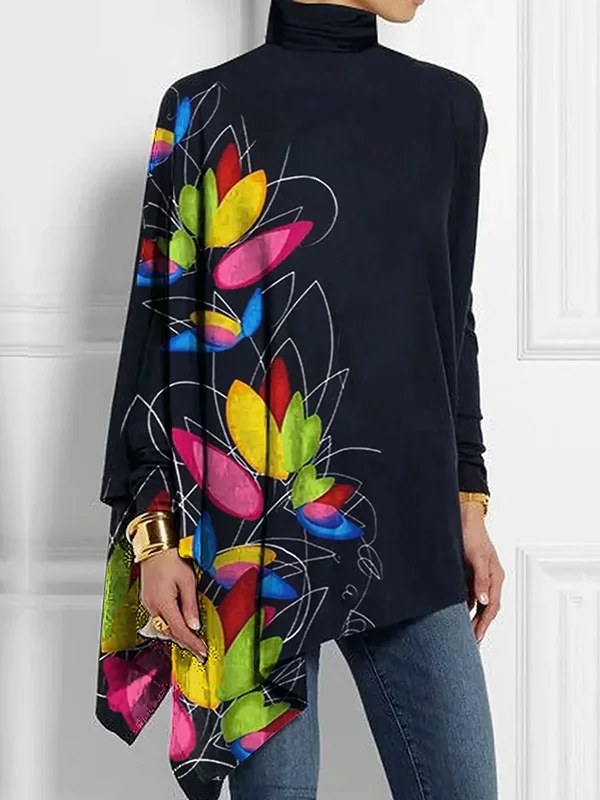 Long Sleeves Loose Asymmetric Floral Printed High-Neck T-Shirts Tops