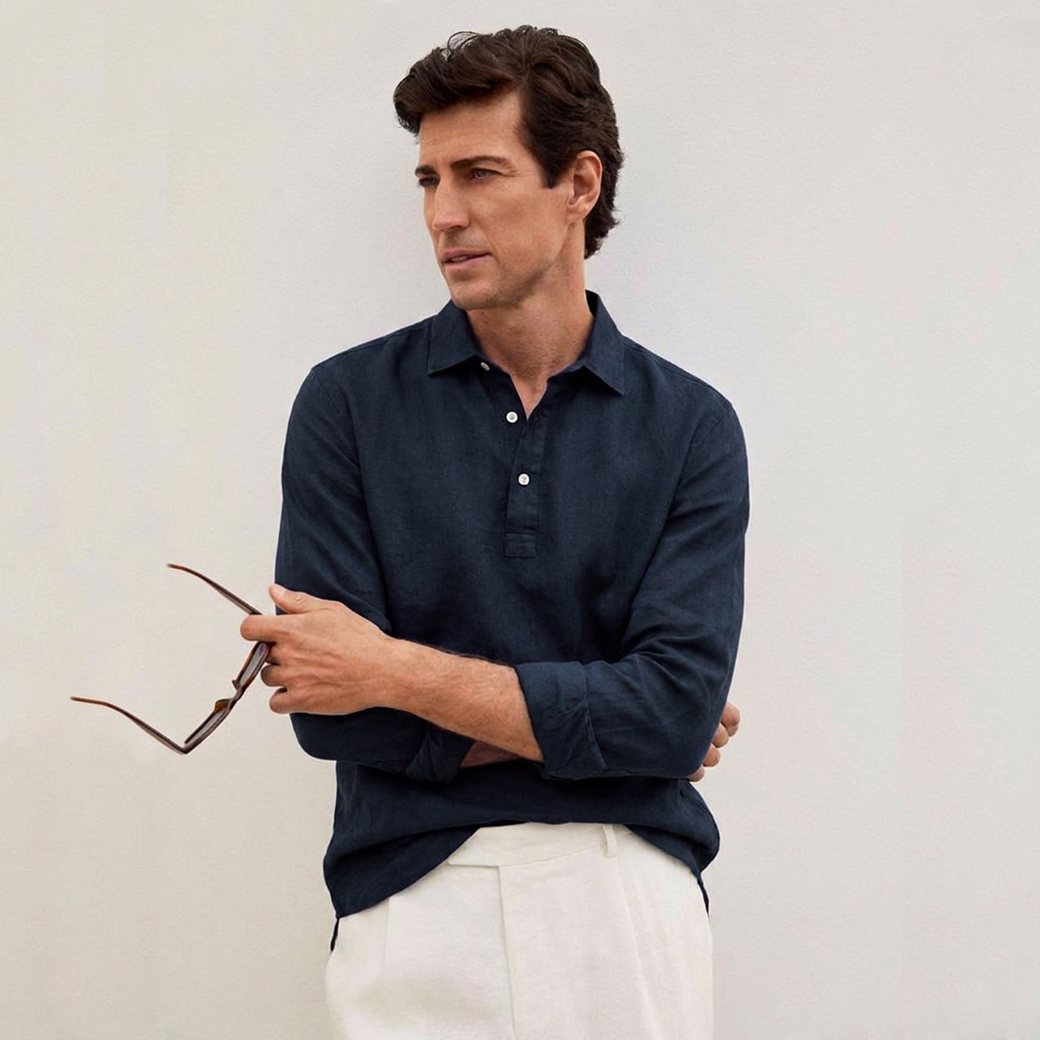 Men's Linen Popover Shirt Relaxed Fit Long Sleeve REAL SILK LIFE