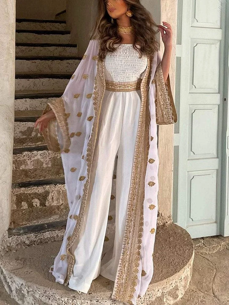 Elegant Embroidery Jumpsuit and OutwearTwo-Piece Set