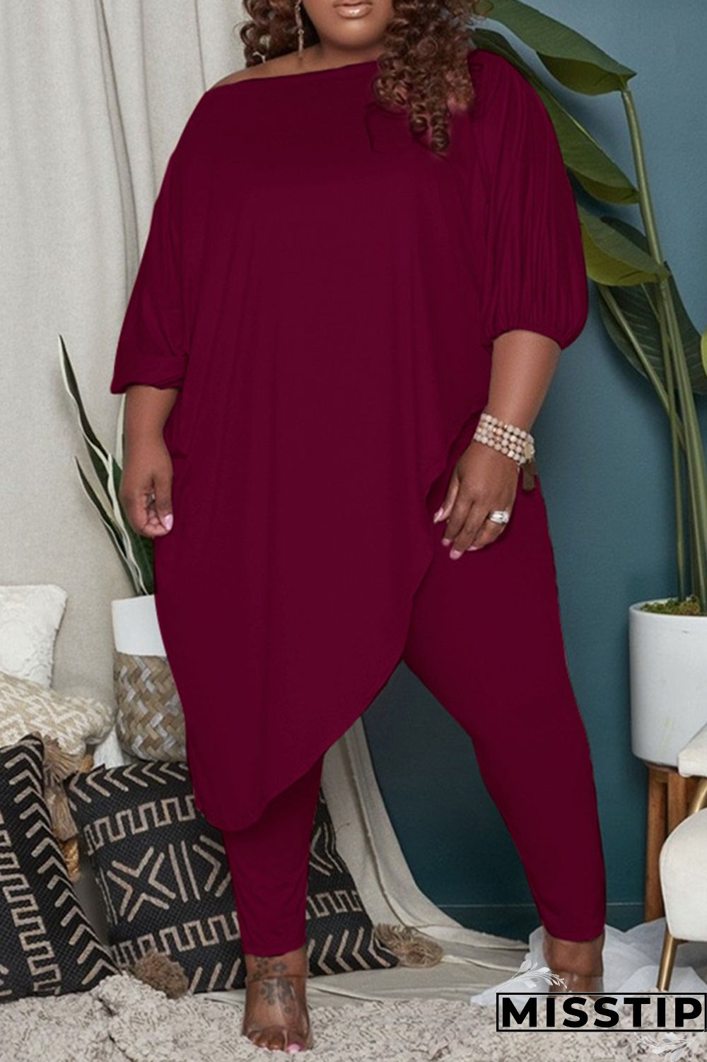 Green Fashion Casual Solid Asymmetrical Oblique Collar Plus Size Two Pieces