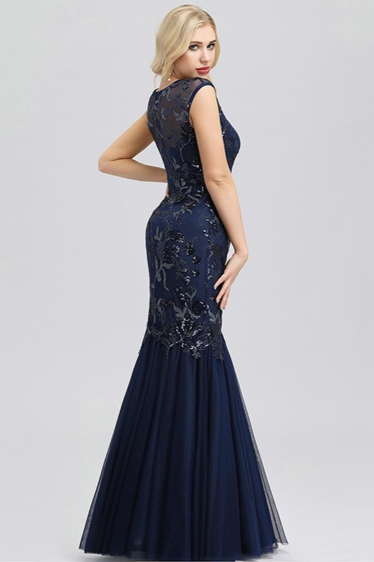 Charming Navy Blue Evening Dress Appliques V-Neck Mermaid Prom Gowns Online