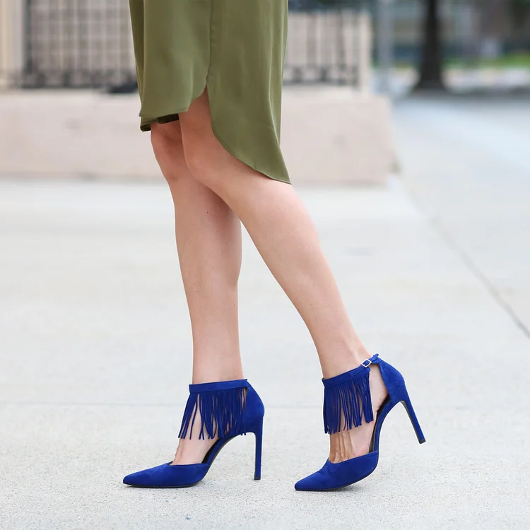 Royal Blue Fringed Suede Ankle Strap Stiletto Pumps Vdcoo