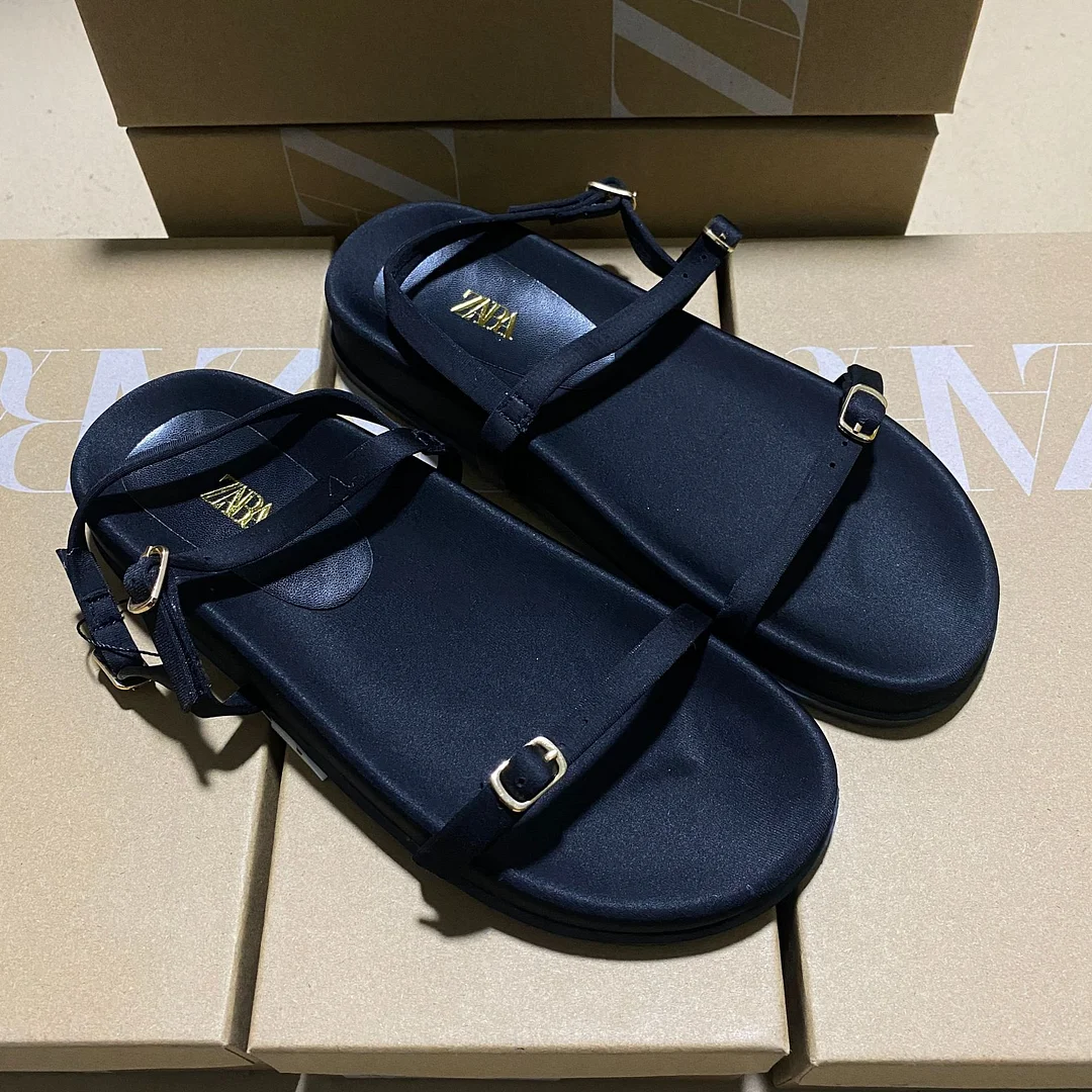 Breakj Breakj Autumn New Square Head Silk And Satin Fabric With A Shallow Flat Bottom Casual Buckle Roman Cool Slippers