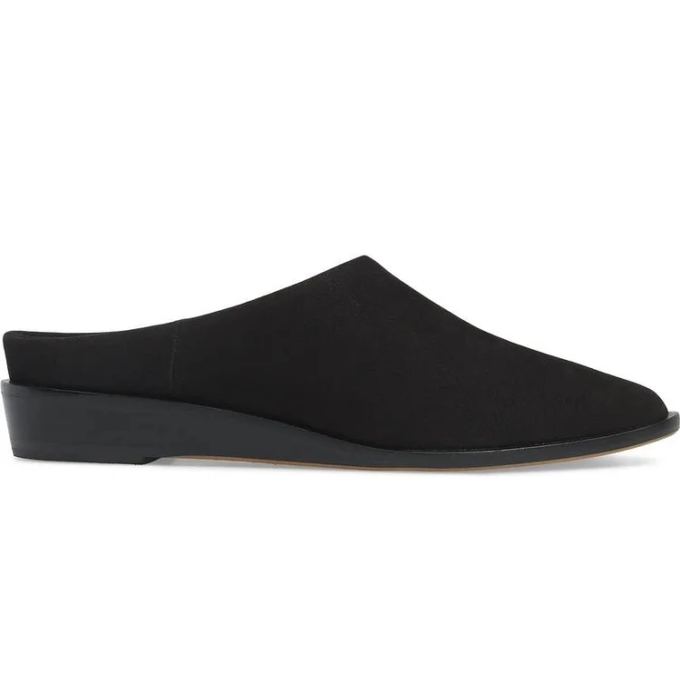 Women's Black Suede Mule Round Toe Comfortable Flats |FSJ Shoes