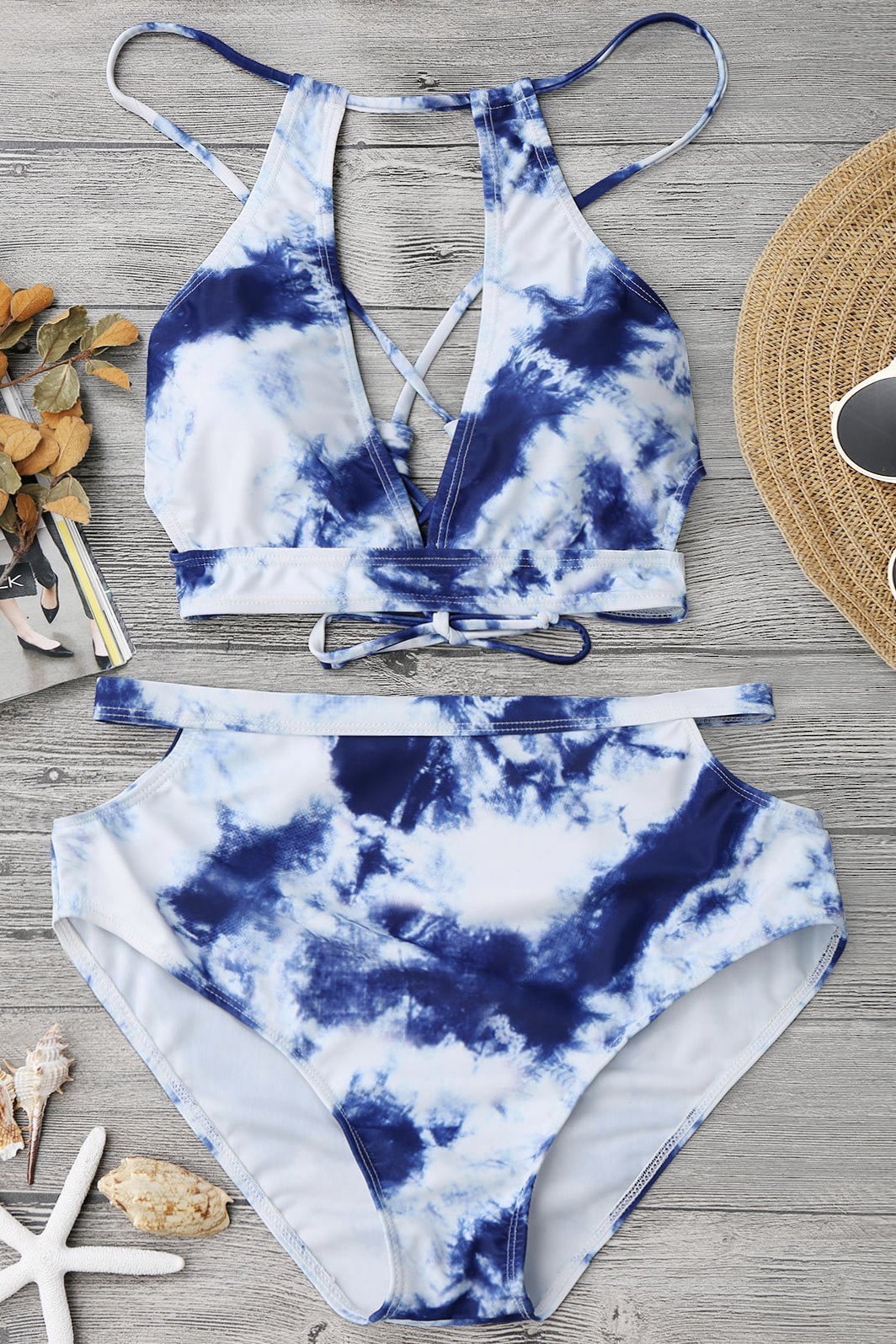 White Blue Tie Dye High Neck Strappy Cutout Sexy Bikini Two Piece Swimsuit-elleschic