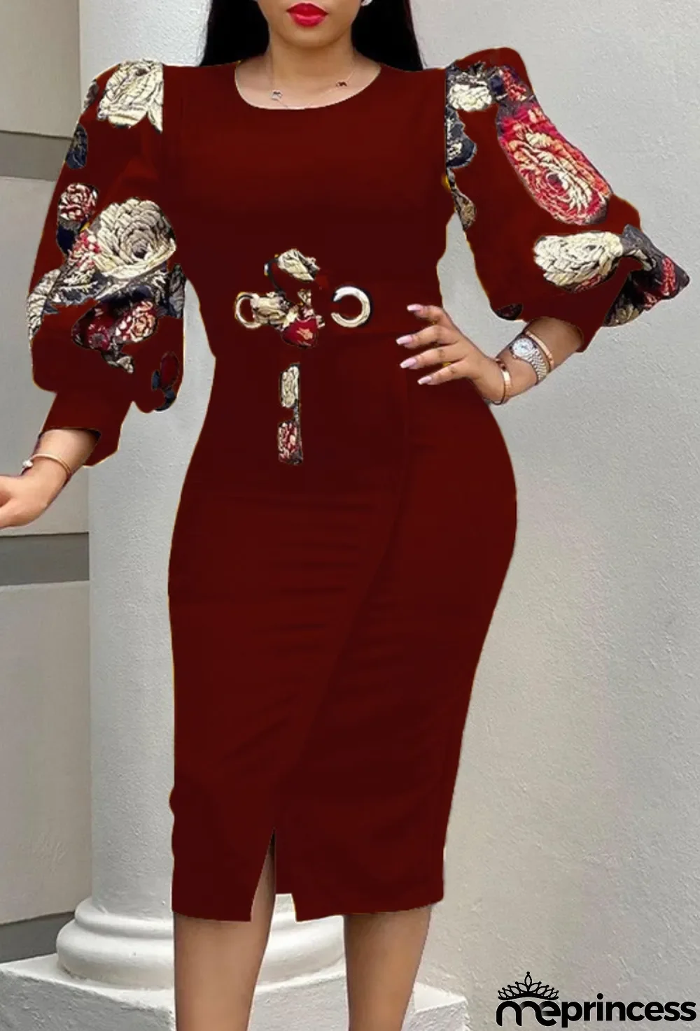 Autumn Elegant Burgundy Three Quarter Print sleeve Bodycon Dress