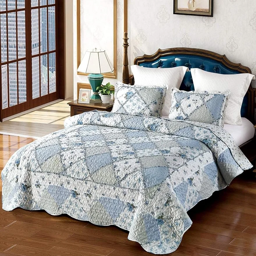 Qucover Floral Patchwork Quilt Set, Full Queen Size, 3 Piece Bedding Set with 2 Pillowcases