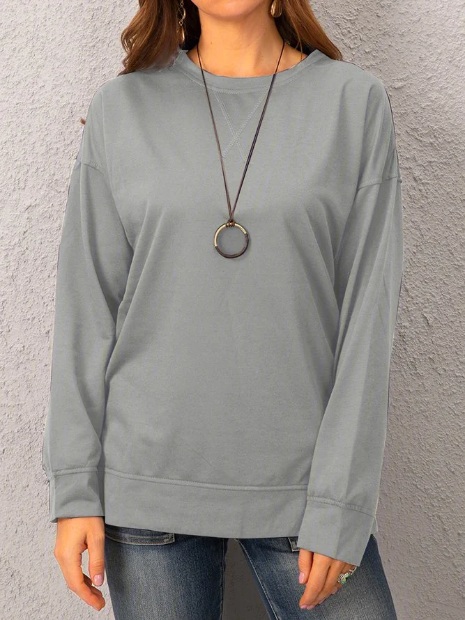 Gray Solid Crew Neck Long Sleeve Shirts & Tops