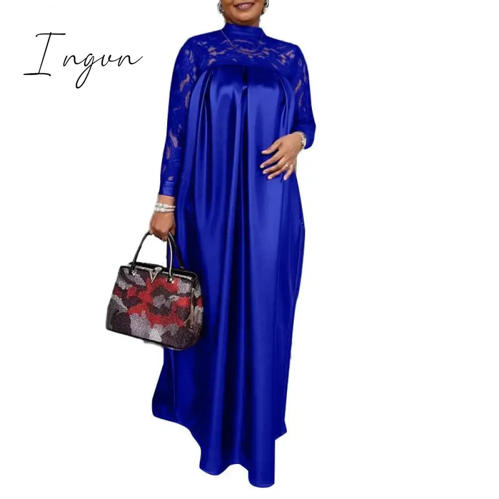 Ingvn - Summer Kaftan Party Dress Bohemian Women Long Sleeve Mock Neck Lace Patchwork Maxi Robe