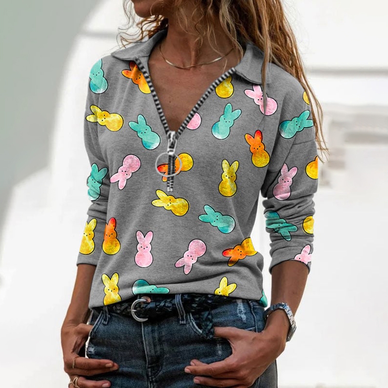Easter Print V Neck Zip Long Sleeve T-Shirt wearshes