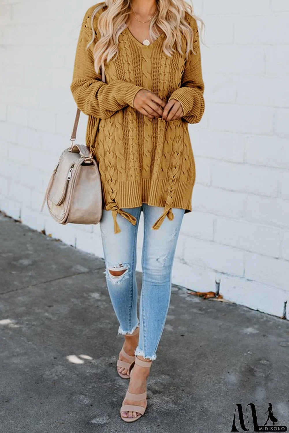 MidiSono - Love Letters Cable Knit Lace Up Sweater