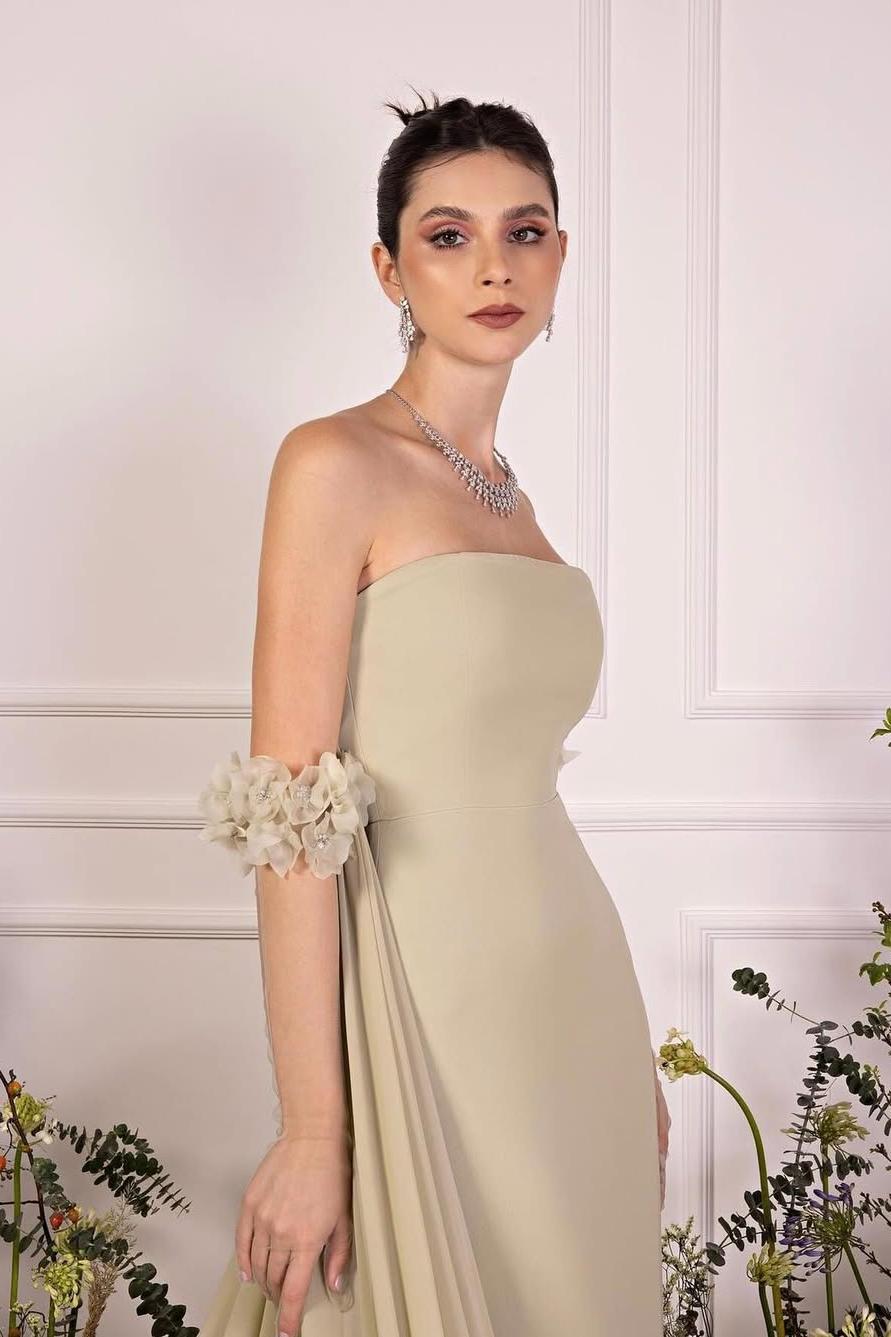 Miabel Exquisite Light Sage Satin Strapless Sleeveless Applique Prom Dress with Detachable Long Cape 